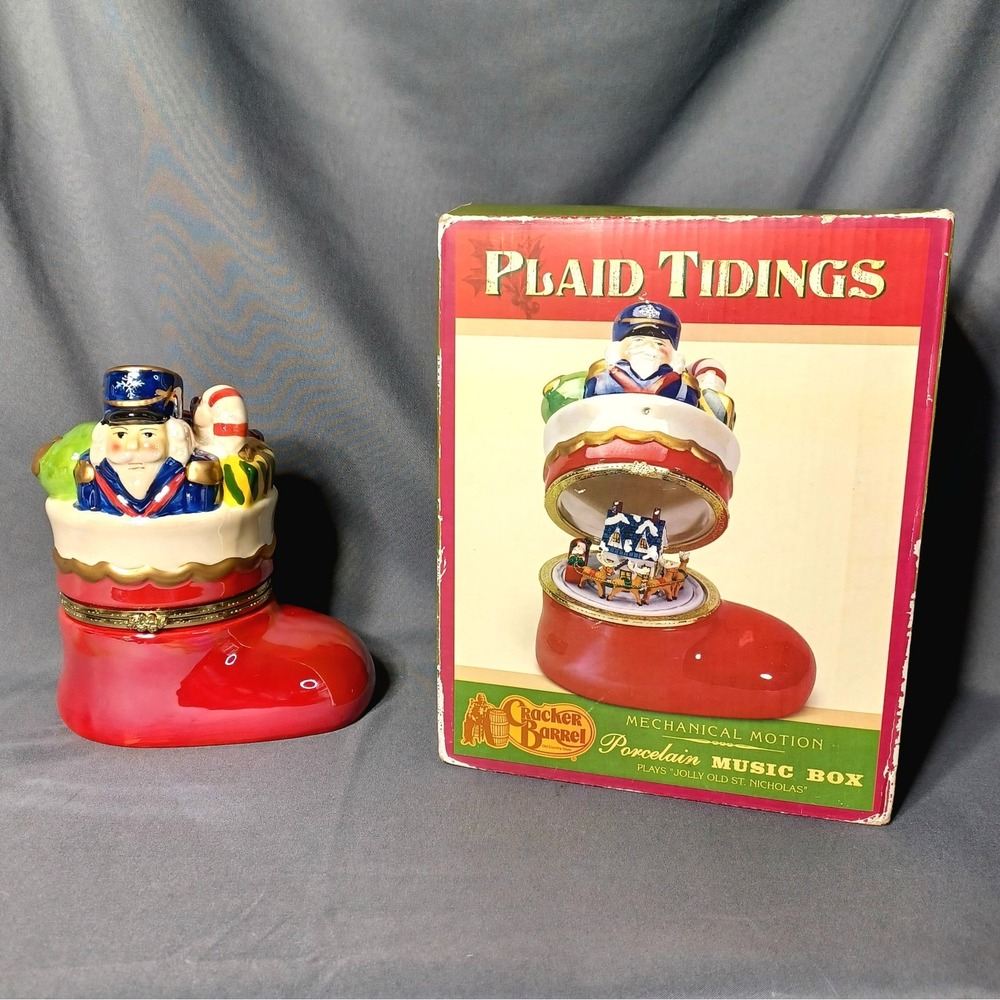 Cracker Barrel Mr. Christmas Red Stocking Porcelain Hinged Animated Music Box